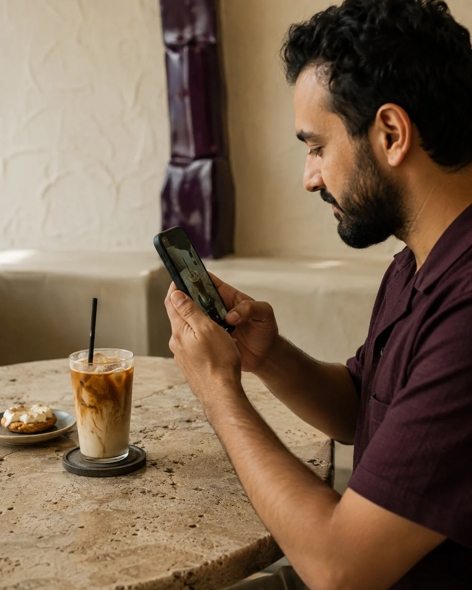 صورة توضيحية لصانع محتوى بيصوّر قهوة في مقهى محلّي.